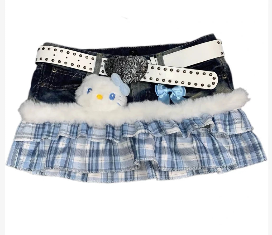 Harajuku Subculture jeans  Leopard Print Splicing Y2k Skirt Kawaii Gothic Mini Pleated Skirt Casual Retro Streetwear Skirts Women