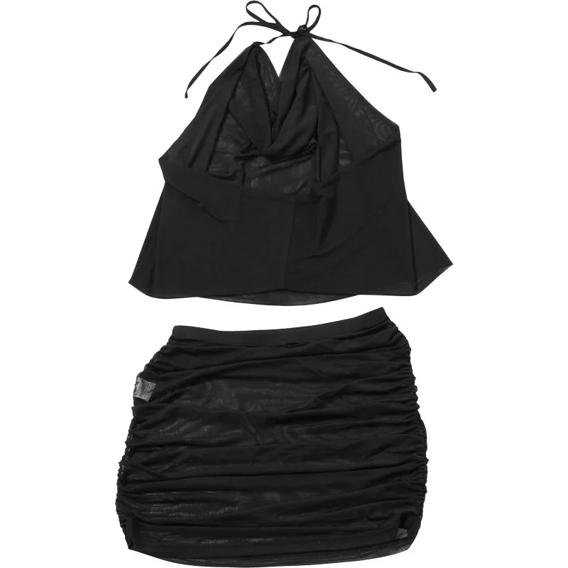 HLJ&GG Sexy Ruched Halter Deep V Mini Skirts Two Piece Sets Women Sleeveless Backless Lace Up Crop Top+Skirts Outfits Streetwear