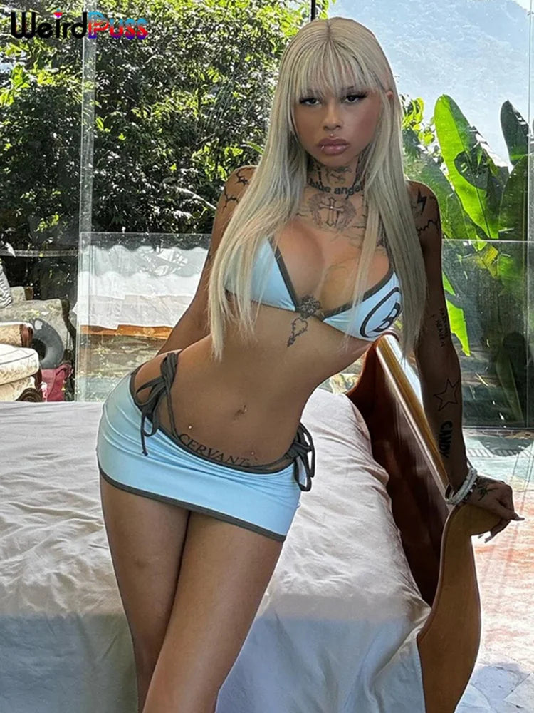 Weird Puss Letter Print 3Piece Set Women Sexy Summer Beach Vacation Bra+Bandage Briefs+Skirts Hipster Midnight Matching Clubwear
