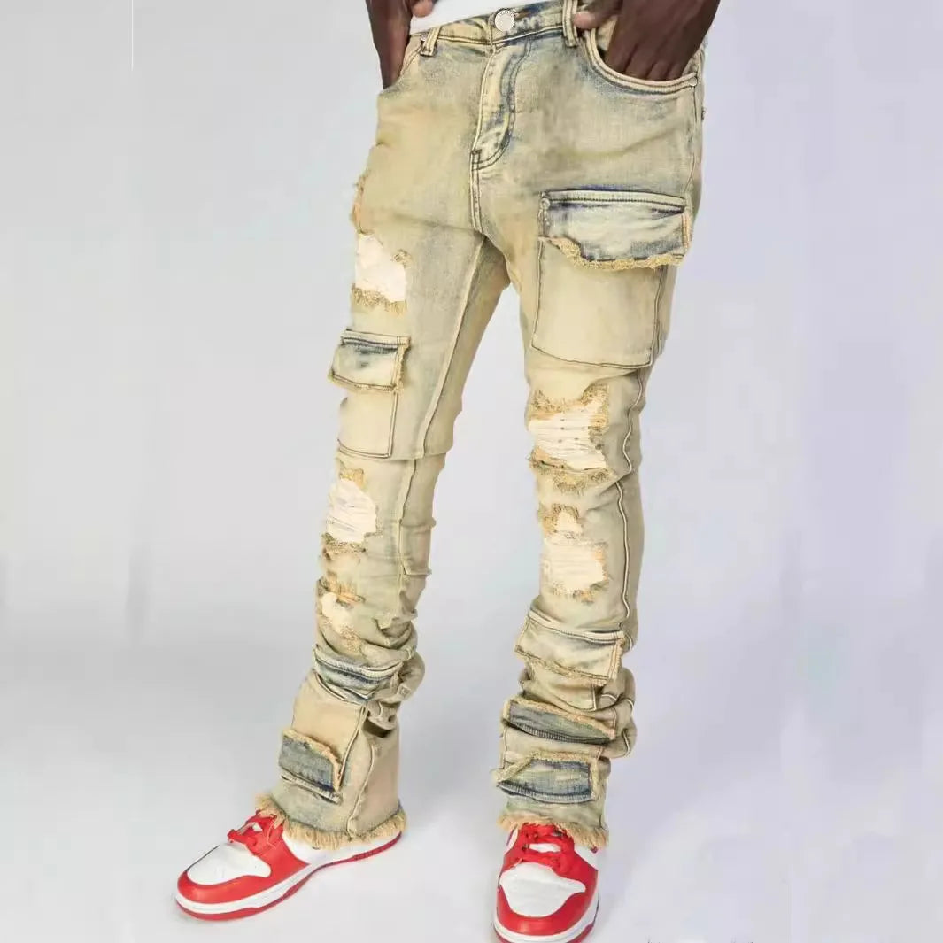 Jeans Long Pant Denim Flare Pants Hole Straight Trousers Slim Fit High Waist Casual Button Pocket Splice Autumn Winter, men's jeans