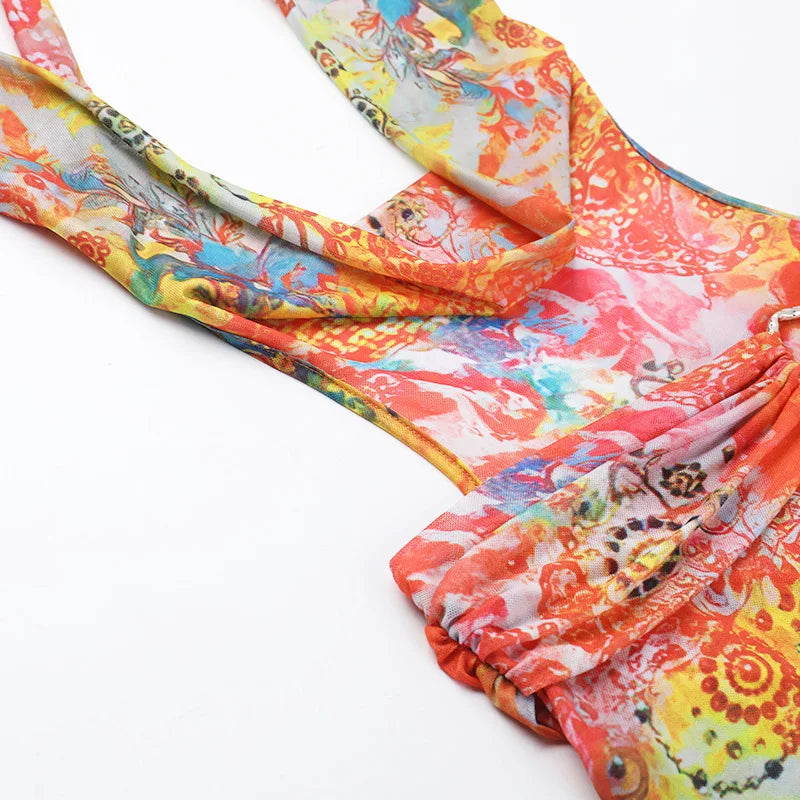 HLJ&GG Sexy Deep V Mesh See Though Bandage Long Dresses Women Tie Dye Print Sleeveless Backless Slim Vestidos Fashion Streetwear