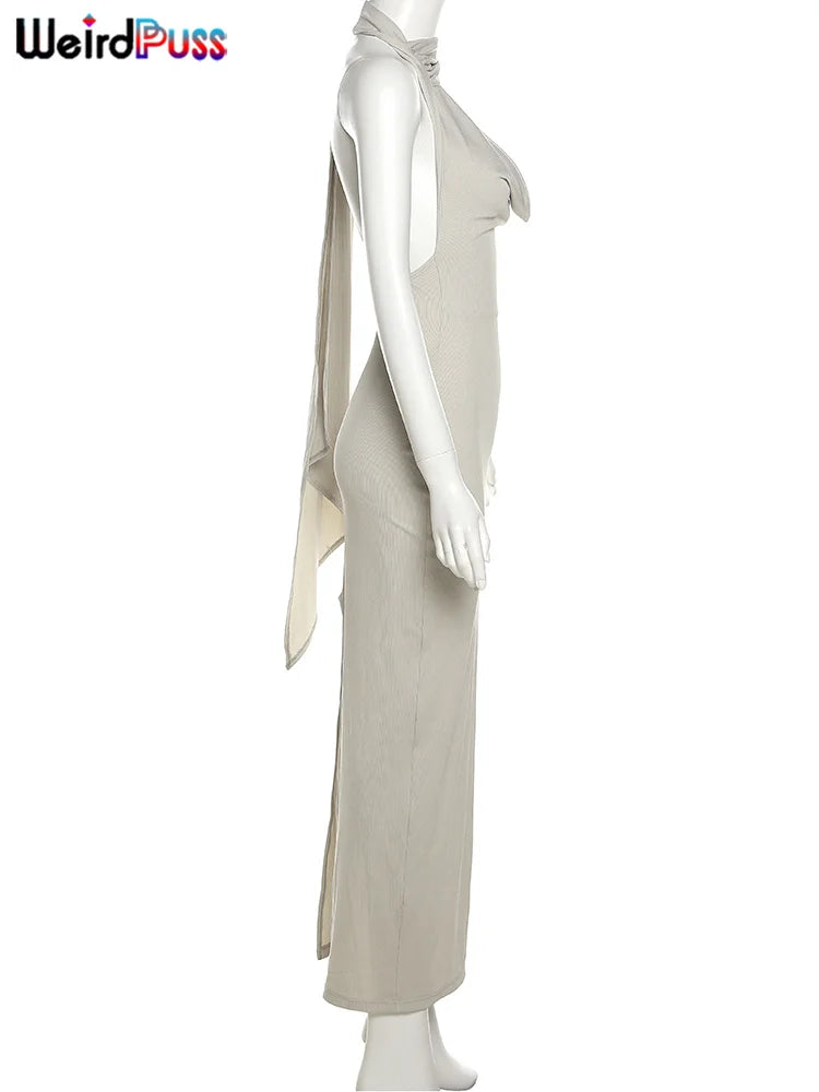 Weird Puss Backless Halter Women Evening Dress With Scarf Hollow Back Split Skinny Ladies Formal Occasion Prom Bodycon Vestidos