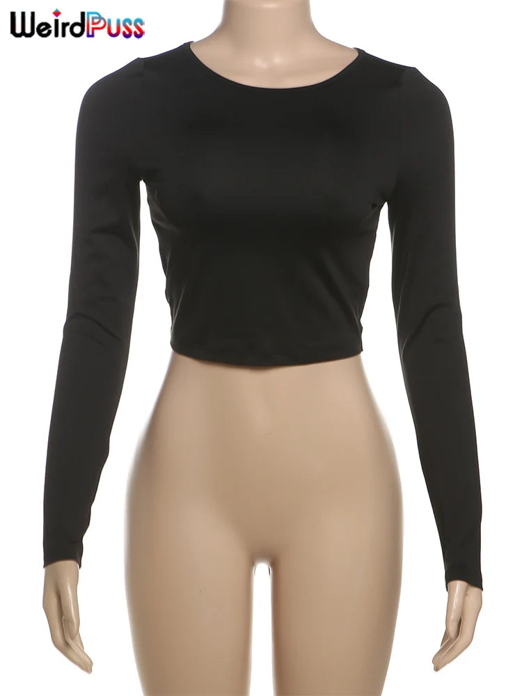 Y2K Backless Crop Tops Autumn Trend O-Neck Solid Long Sleeve Simple Causal Skinny Stretch Streetwear Basic Top