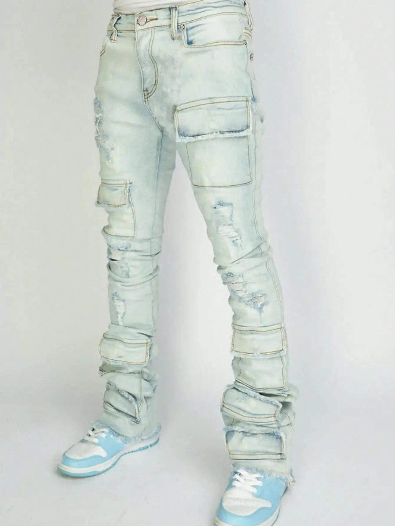 Jeans Long Pant Denim Flare Pants Hole Straight Trousers Slim Fit High Waist Casual Button Pocket Splice Autumn Winter, men's jeans