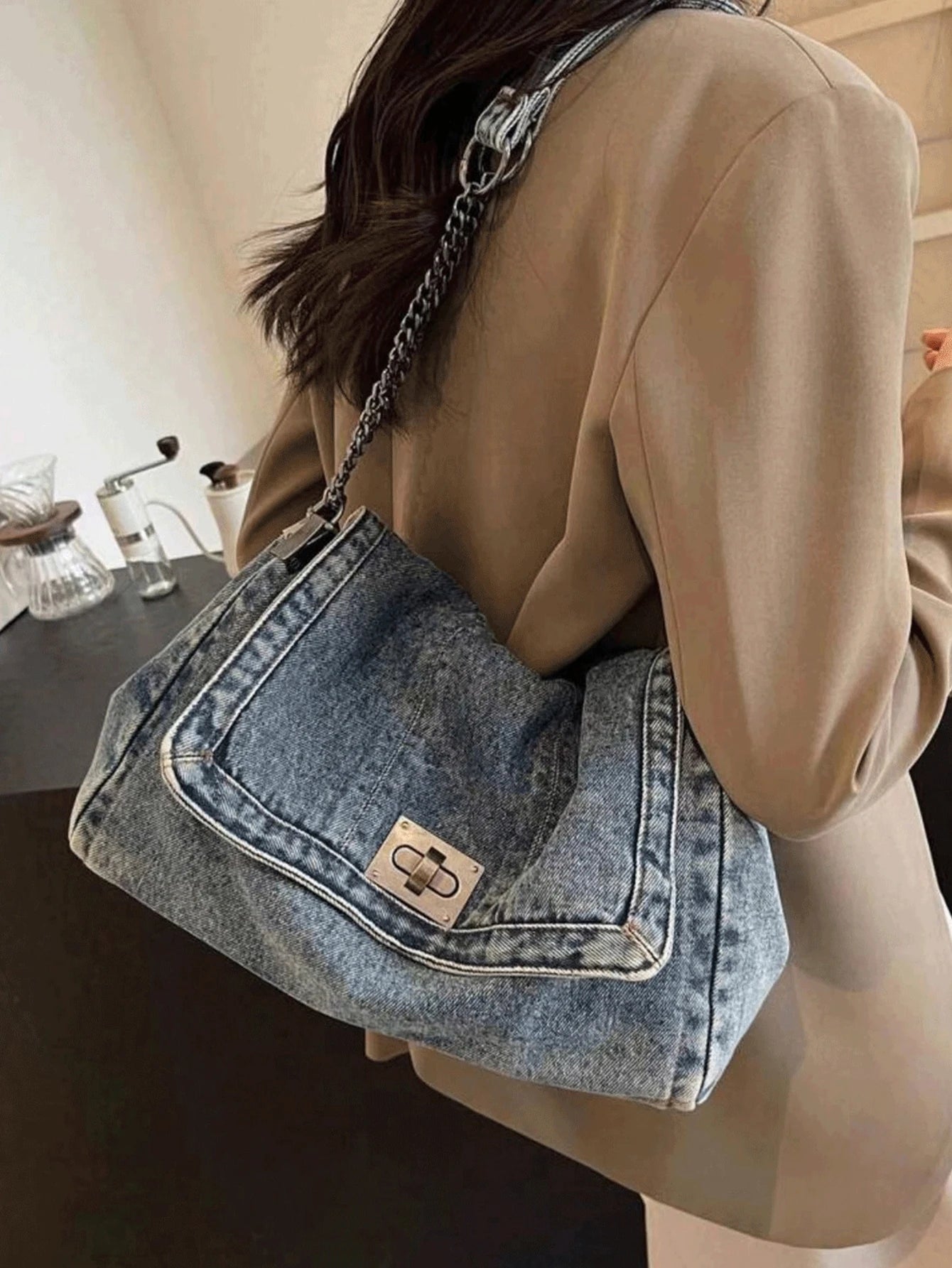 Jeans Tote Bag with Metal Buckle and Chain Strap Deep Blue Light Blue Black Vintage Stitching Design for Women Non-Adjustable Sl