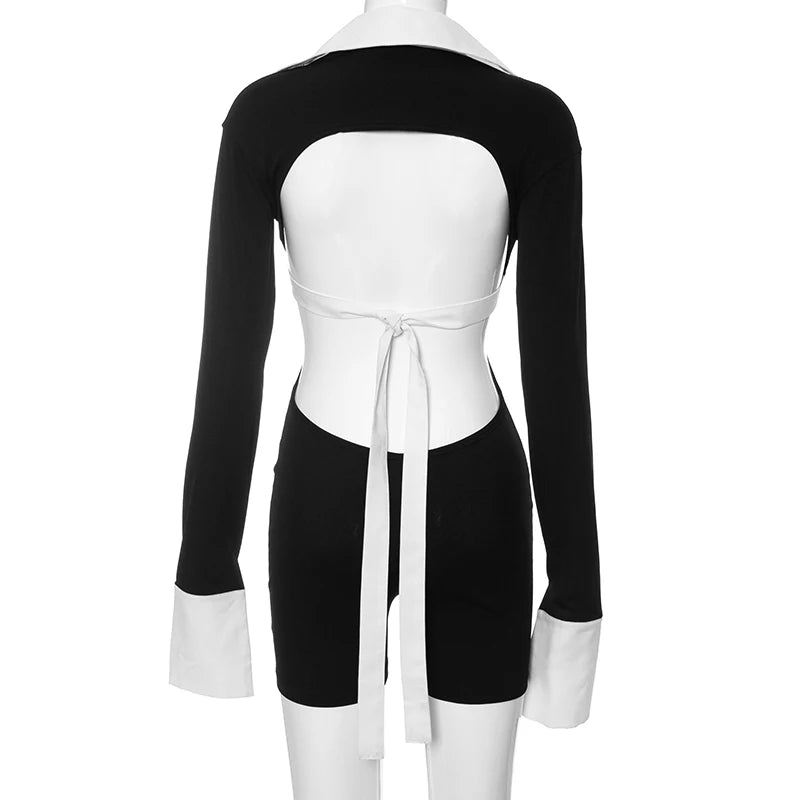 Weird Puss Hollow Backless Women Playsuits Bandage Polo Neck Full Sleeve Skinny Contrast Color Hipster High Street Sexy Romper