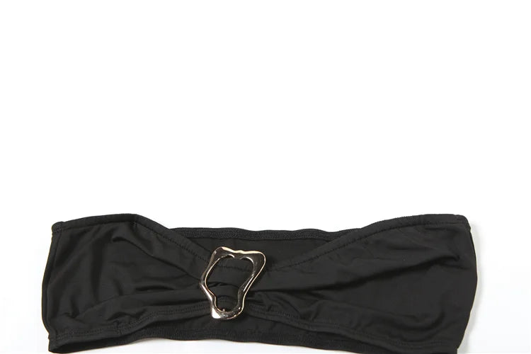 Weird Puss Sexy 2Piece Set Irregular Metal Rings Tube Tops+Bandage Halter Backless Swing Collar Playsuit Midnight Matching Suit
