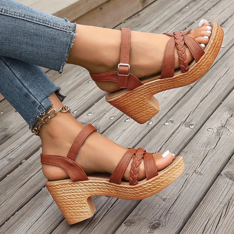 Women's Braided High Heels Sandals 2024 Summer Chunky Platform Gladiator Sandals