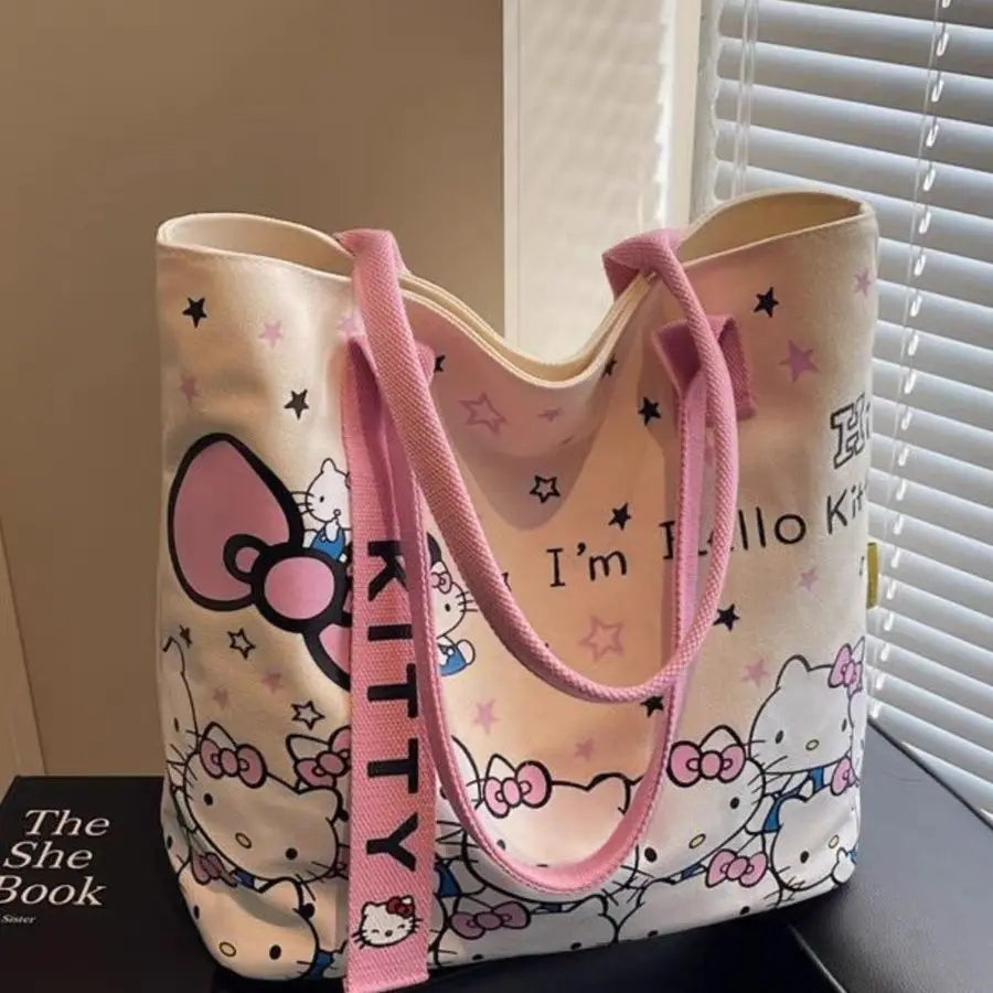 New Model Hello Kitty Cartoon Canvas Bag Cute Commuter Versatile One-Shoulder Tote Bag Large-Capacity Storage Bag