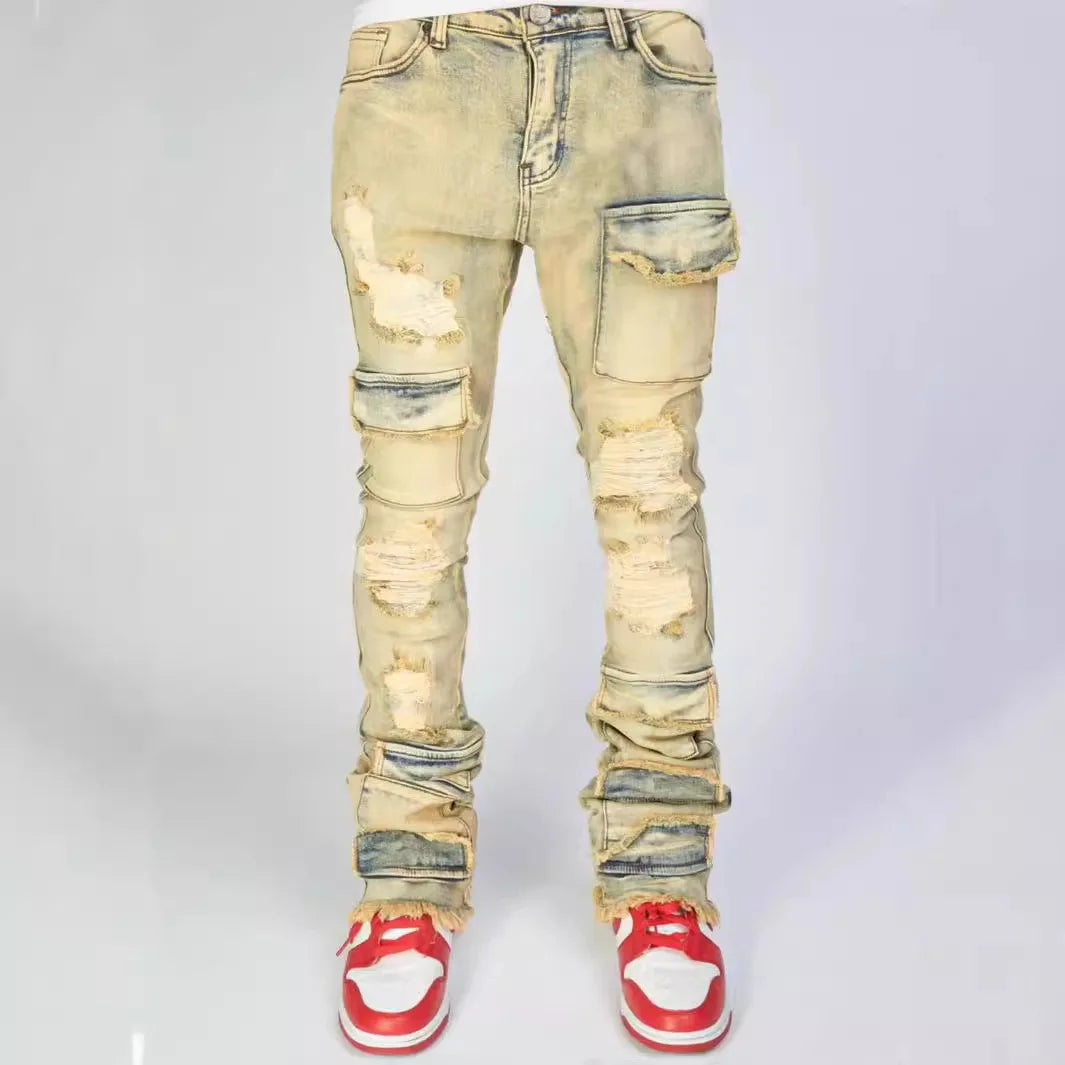 Jeans Long Pant Denim Flare Pants Hole Straight Trousers Slim Fit High Waist Casual Button Pocket Splice Autumn Winter, men's jeans