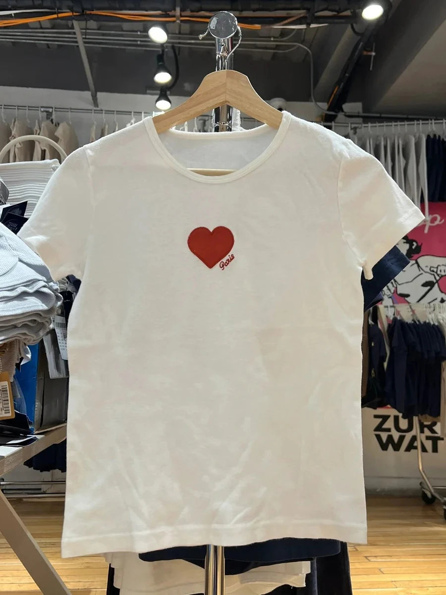 Sweet Star Appliques Slim Crop Top ladies Round Neck Y2K Tops