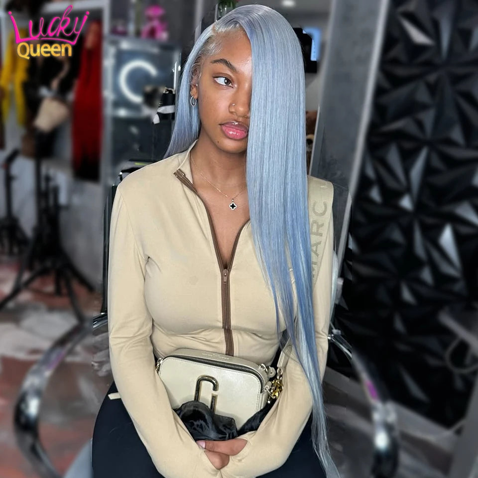 Icey Blue Silver Gray 13x6 Front 613 Colorful Wigs 180 Density Human Hair Pre Plucked For Women Transparent Lace Straight 13X4