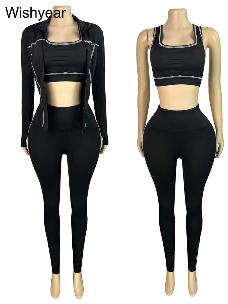 Sports Women's Stripe Pink 3-Piece Pants Set Long Sleeve Crop Top Tank Leggings Skinny Autumn Active Fitness Streetwear Outfits