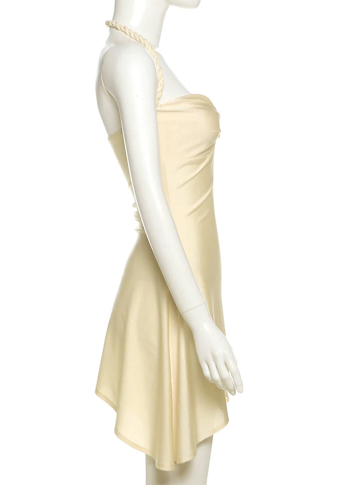Weird Puss Shell Metal Satin Dress Women Y2K Plait Halter Sexy Low-Neck Irregular Backless Sleeveless Ruched Summer Mini Bodycon