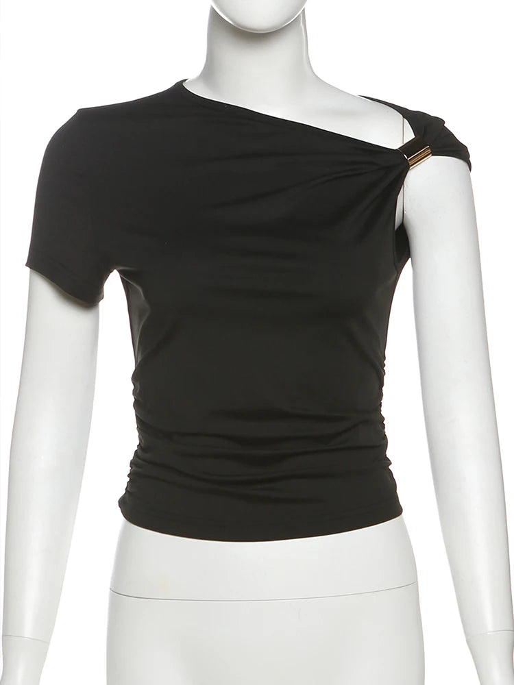 Off Shoulder Top Women Ruched Fashion Skew Collar Single Sleeve Daily Casual Solid Simple Streetwear