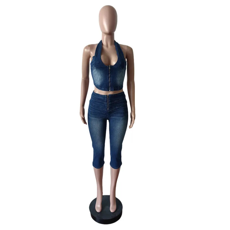 Blue Fashion jeans Halter Two Piece Sets Women Sleeveless, Backless Slim Crop Top And Skinny Jean Pants Outfits Streetwear