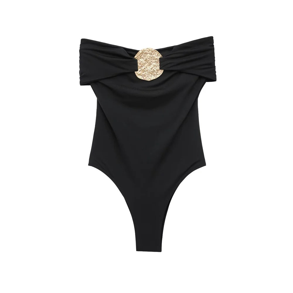 PB&ZA 2025 Women Off Shoulder whole Swimsuit with Decorative Buckle Stylish Black and Brown Design