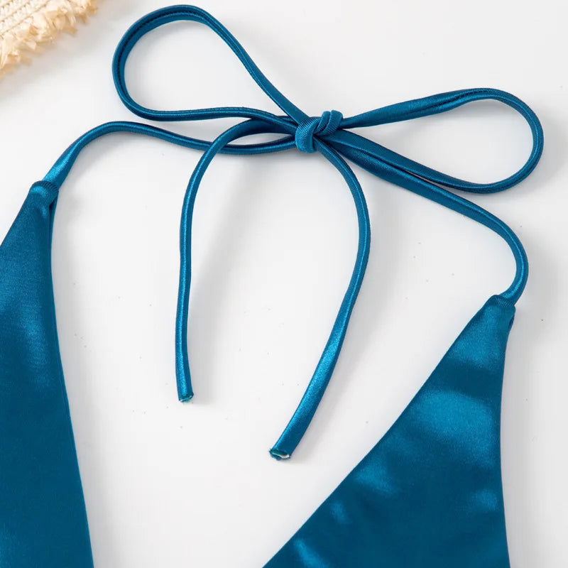 Halter Brazilian Metallic Satin Bikini  Swimwear, Swimsuit Two-pieces Bikini Set High Cut Bathing Suit Swim Beachwear