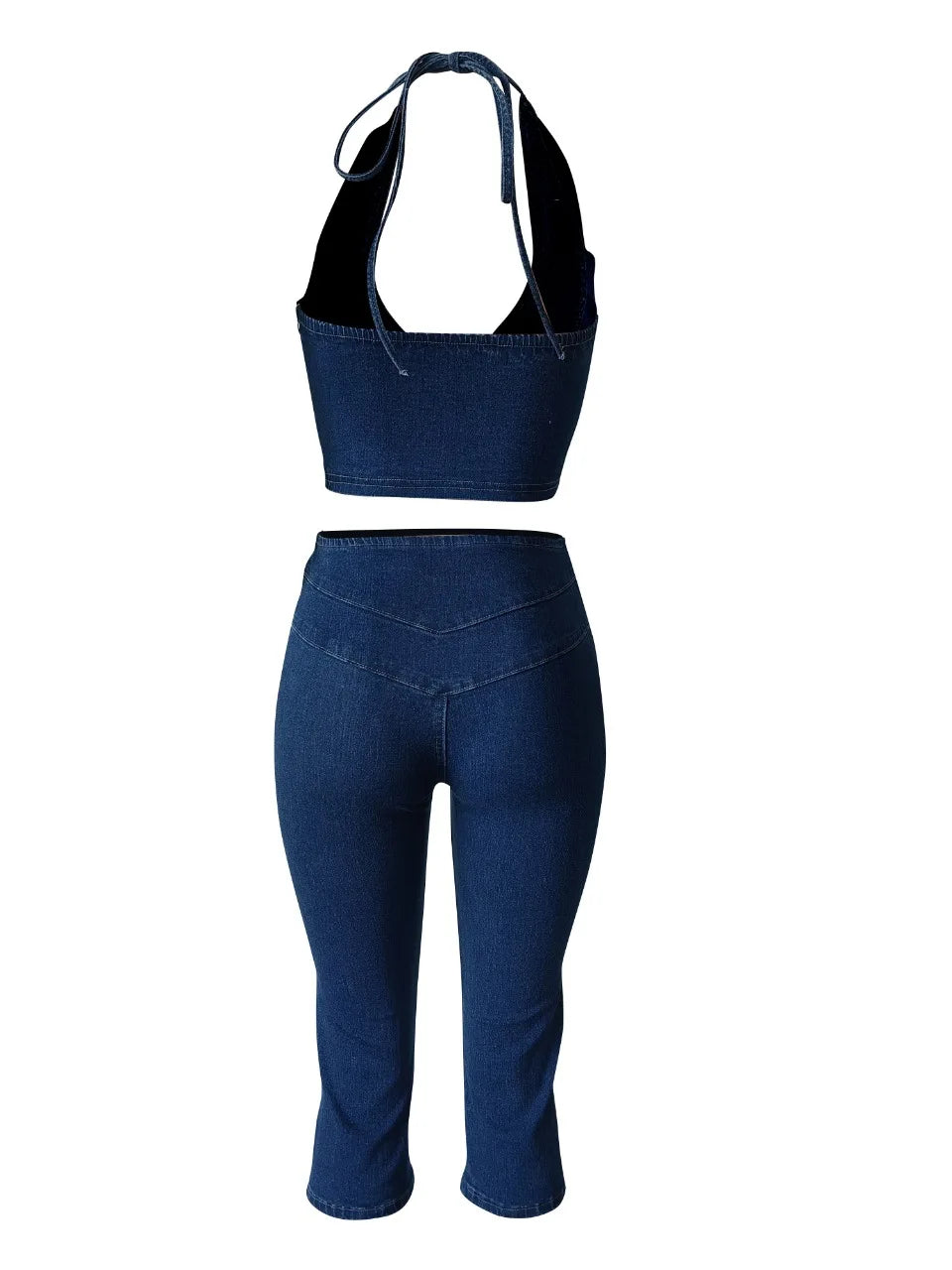 Blue Fashion jeans Halter Two Piece Sets Women Sleeveless, Backless Slim Crop Top And Skinny Jean Pants Outfits Streetwear