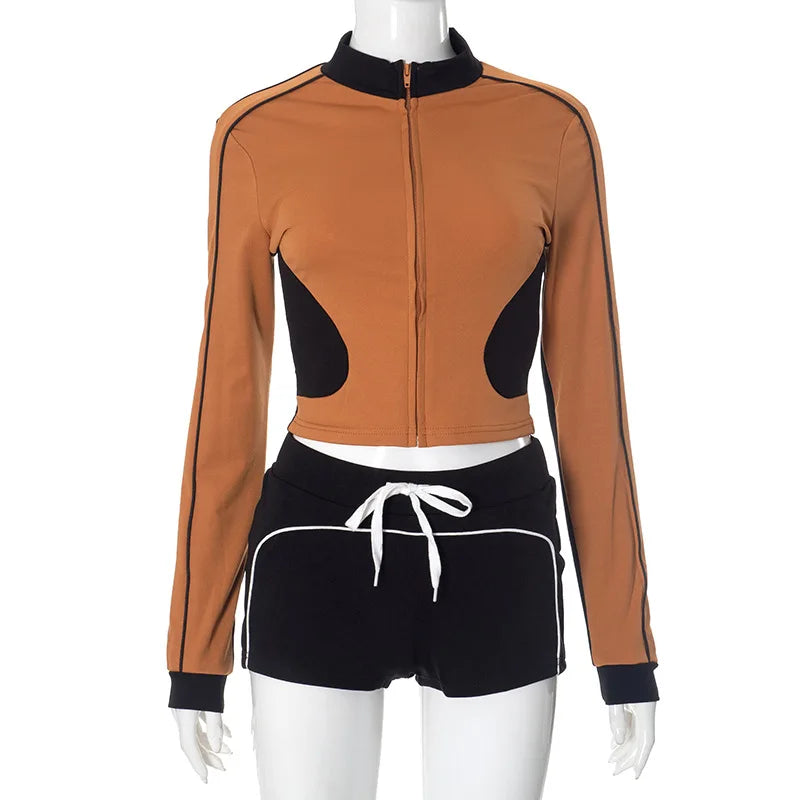Weird Puss Tracksuit Women Patchwork 2 Piece Set Fall Trend Sporty Zipper Crop Jacket+Shorts Casual Hipster Matching Skinny Suit