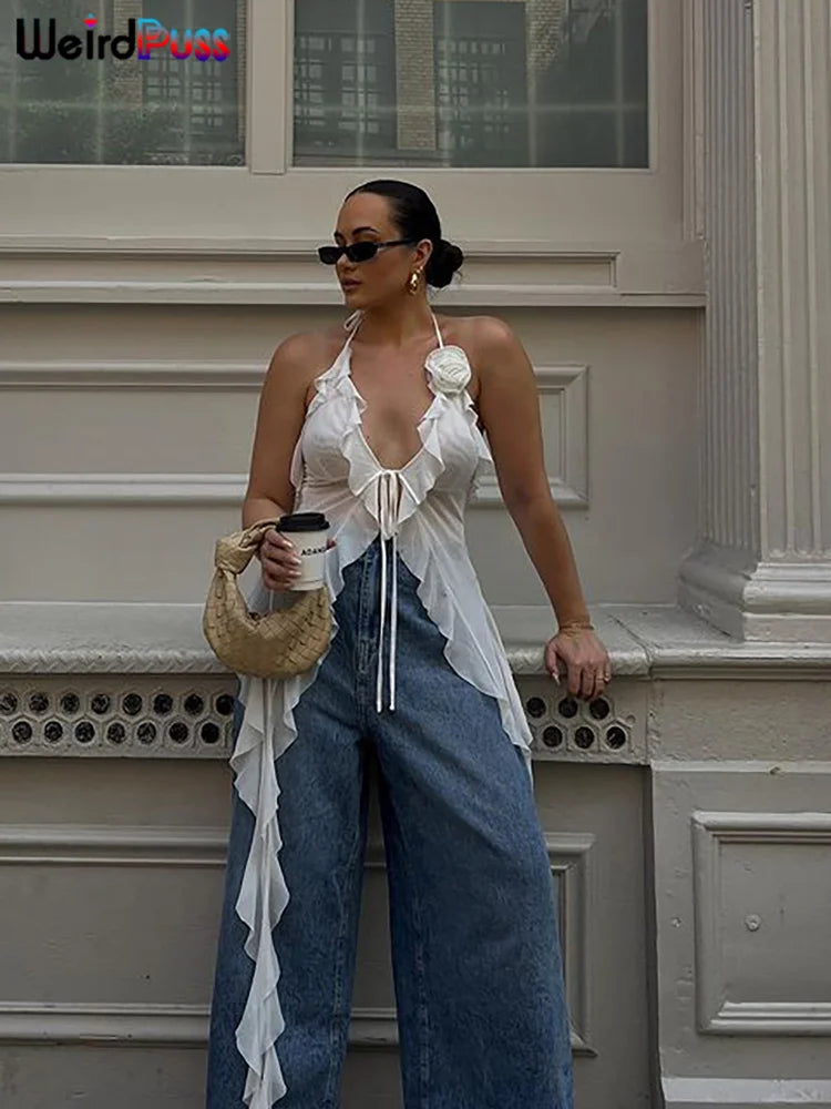 Weird Puss Blossoms Tank Tops Women Ruffles Y2K Summer Trend Sexy V-Neck Irregular Tassel Halter Backless Wild Street Camisole