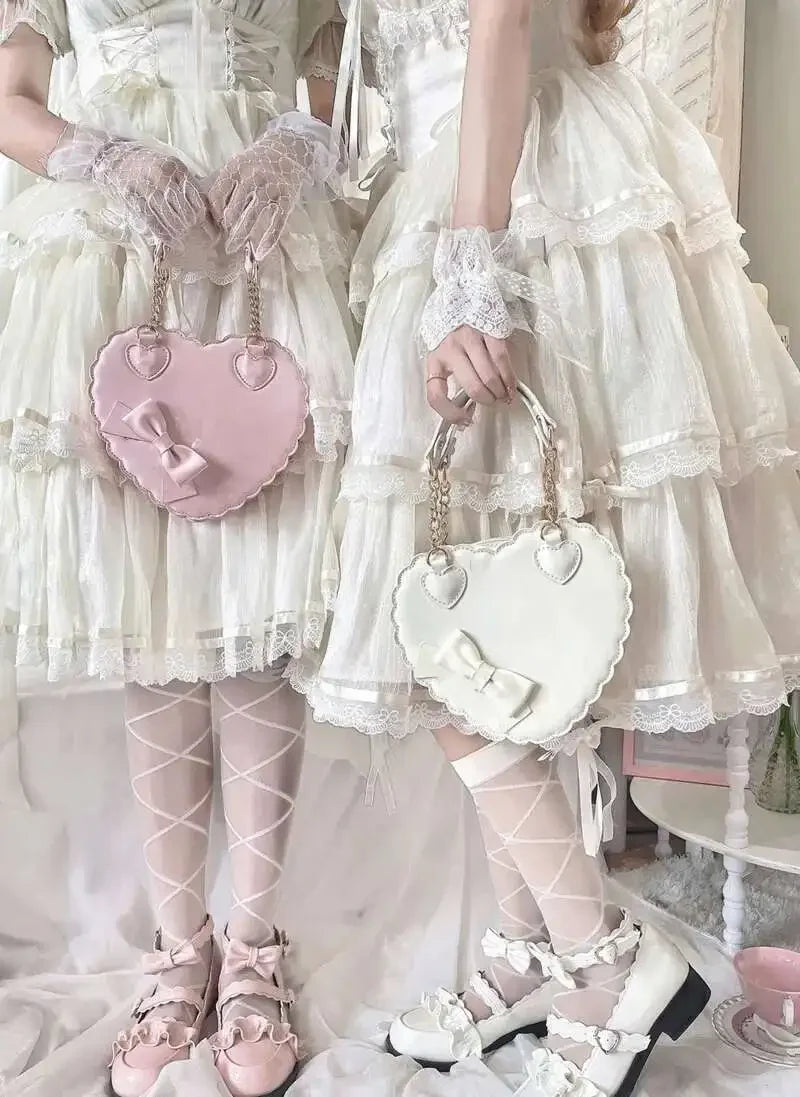 PU Heart Lolita Handbags Girls Bowknots Decor Japanese Shoulder Bags Two Sized Kawaii Shell Purses Cute Pink Messenger Bag Gifts