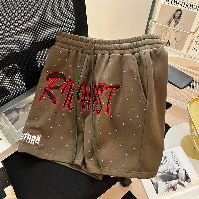 Diamond Patch Embroidered Letter Logo Casual Shorts Loose Drawstring Shortpants Jorts for Men Women