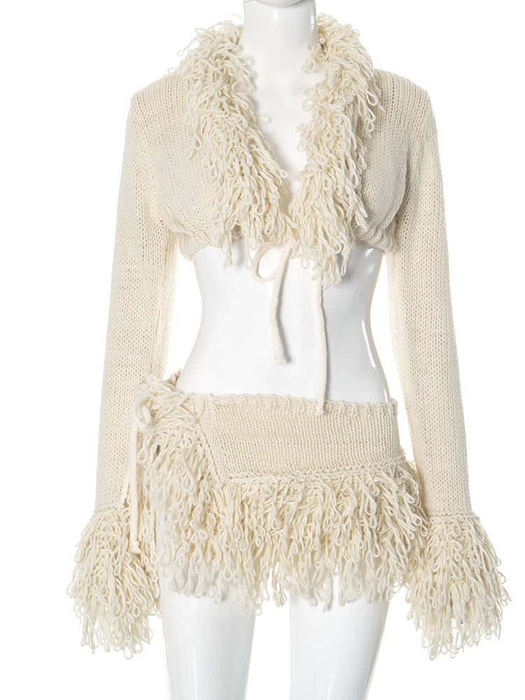 Weird Puss Crochet Tassel 2 Piece Set Women  Lace-Up Cardigan Full Sleeve Crop Tops+Irregular Slits Mini Skirt Sexy Hipster Suit