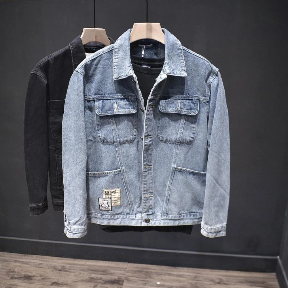 Cowboy Coat for Men Pockets Plus Size Casual Slim Autumn Denim Jackets Man Menswear Japanese Retro Cowgirl Original Trendy Rock