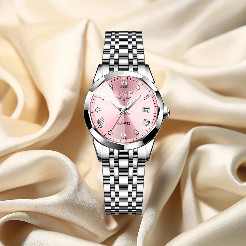 LIGE Elegant Ultrathin Nordic Simple Style Quartz Movement ladies Wristwatch Fashion Stainless Steel Bracelet Belt Watch