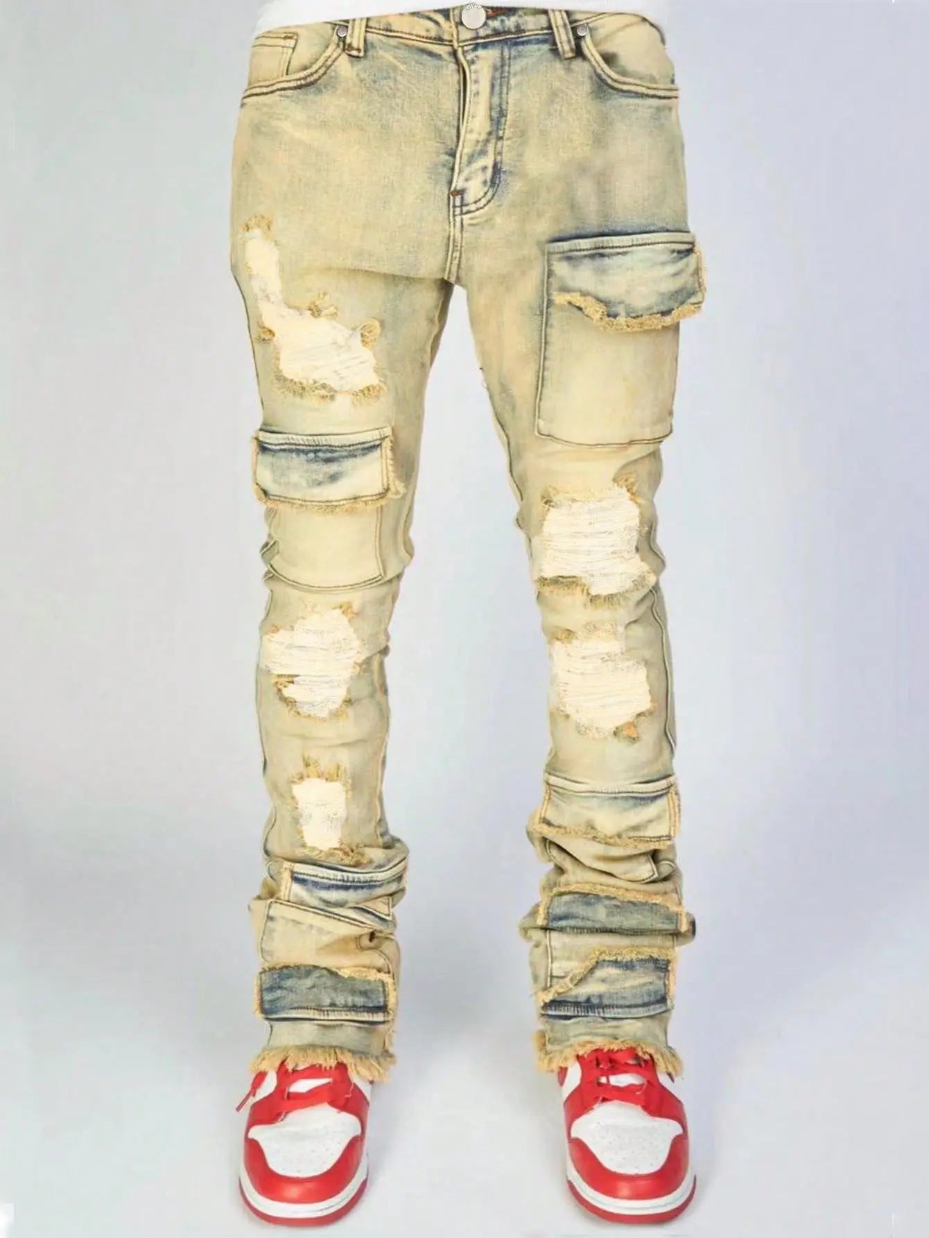 Jeans Long Pant Denim Flare Pants Hole Straight Trousers Slim Fit High Waist Casual Button Pocket Splice Autumn Winter, men's jeans