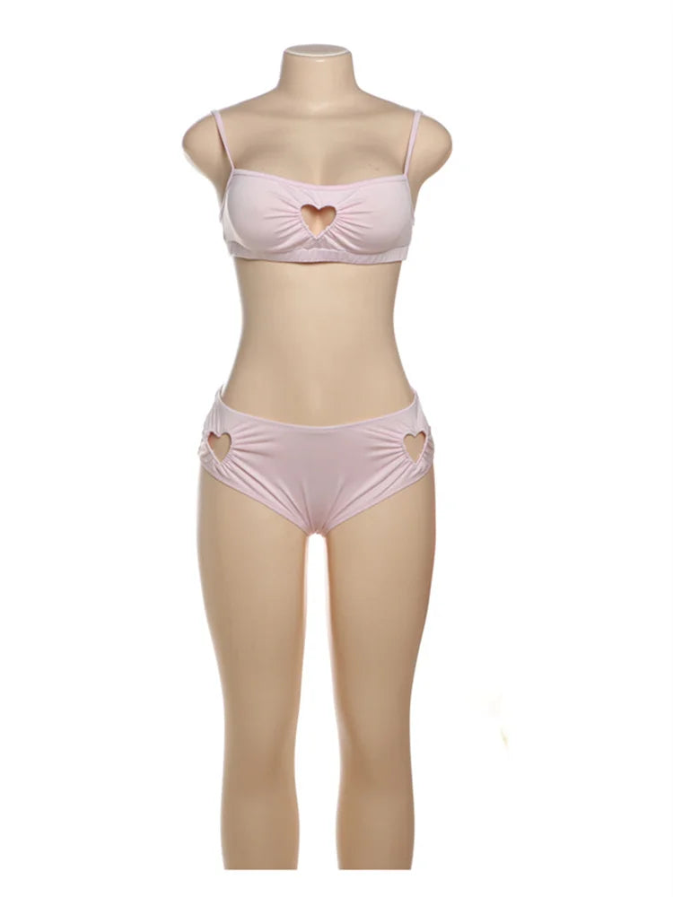 Weird Puss Heart Hollow 2 Piece Set Women Simple Vacation Camisole+Panties Beach Style Matching Stretch Street Comfortable Suit
