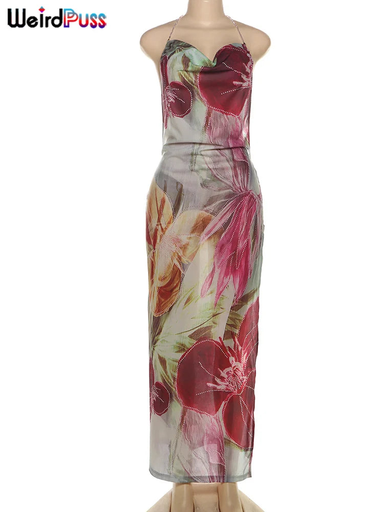 Weird Puss Bead Chain Halter Dress Y2K Floral Print Elegant Sexy Swing Collar Backless Birthday Midnight Party Split Maxi Bodyco
