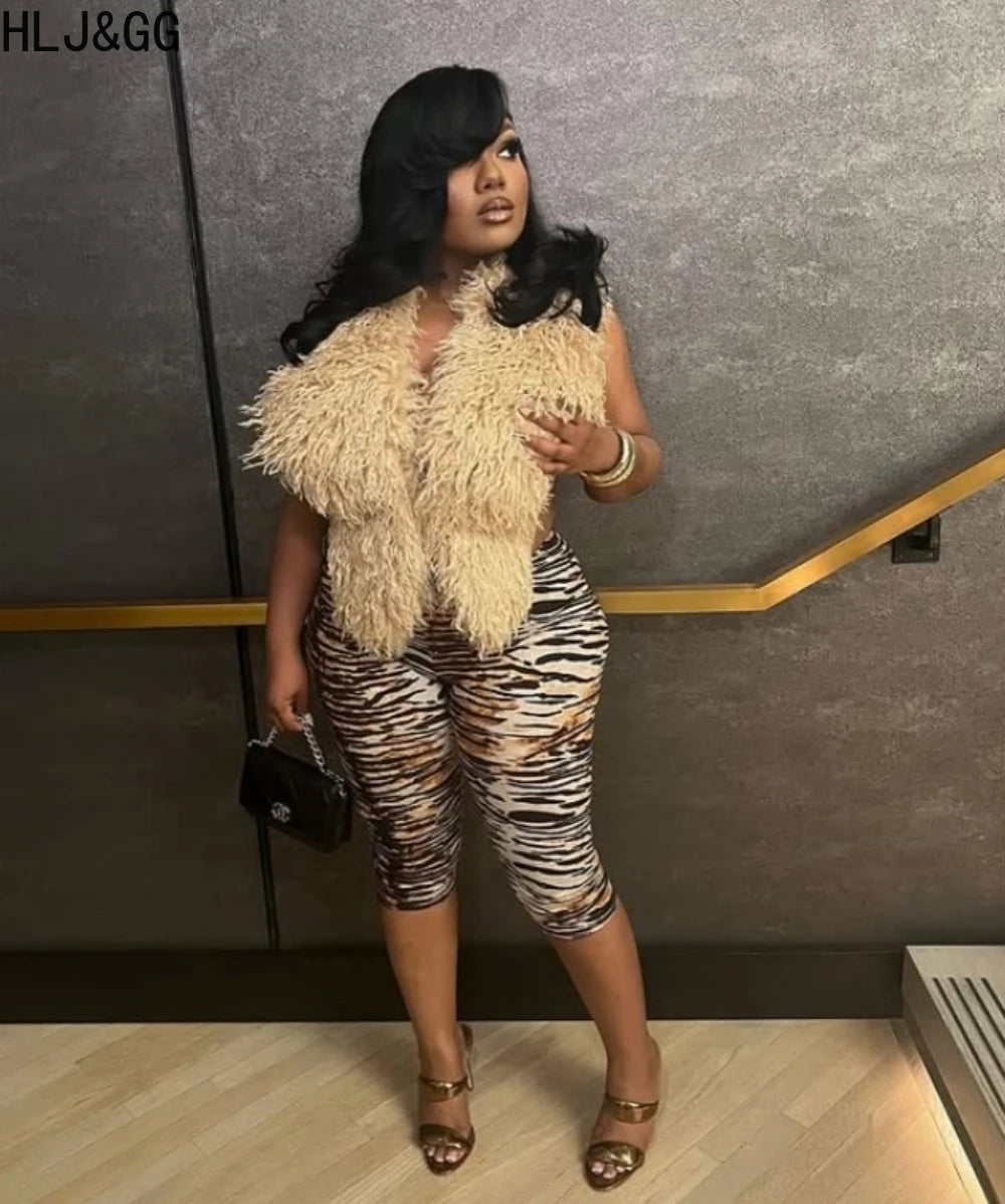 HLJ&GG Fashion Hot Girl Fur Feather Halter Top Two Piece Sets Women Sleeveless Backless Slim Waistcoat And Leopard Shorts Outfit