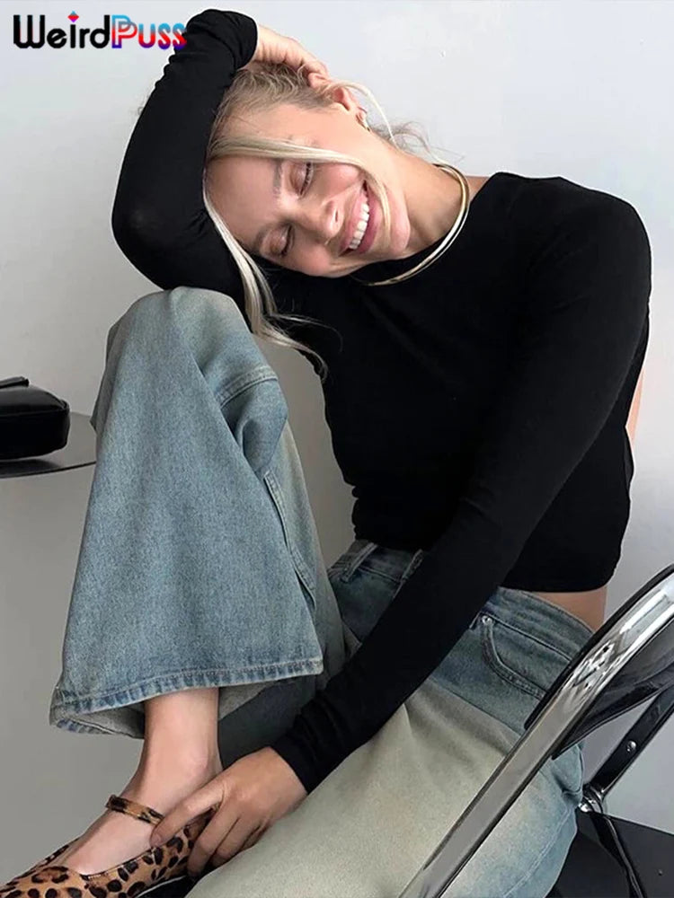 Y2K Backless Crop Tops Autumn Trend O-Neck Solid Long Sleeve Simple Causal Skinny Stretch Streetwear Basic Top