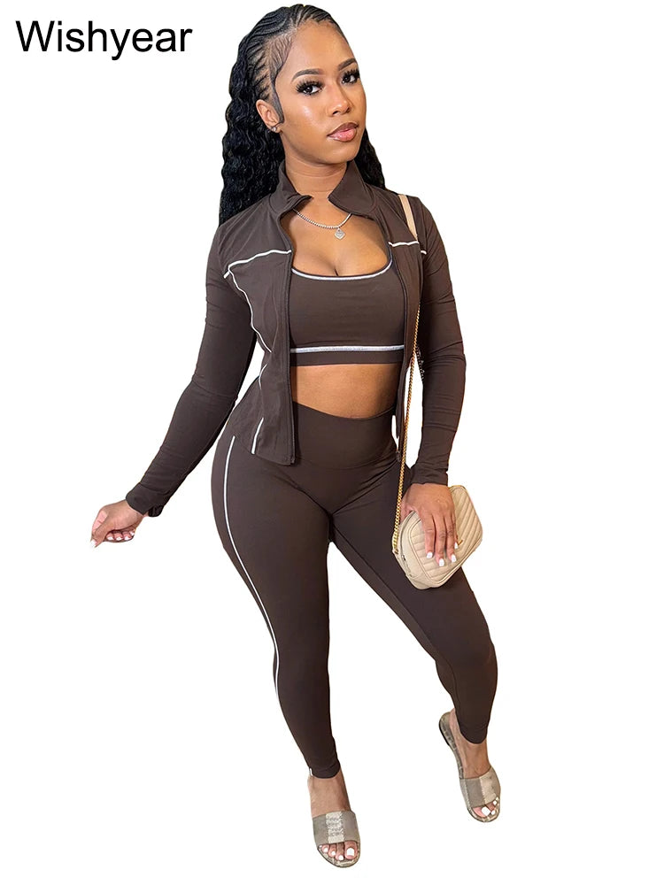 Sports Women's Stripe Pink 3-Piece Pants Set Long Sleeve Crop Top Tank Leggings Skinny Autumn Active Fitness Streetwear Outfits
