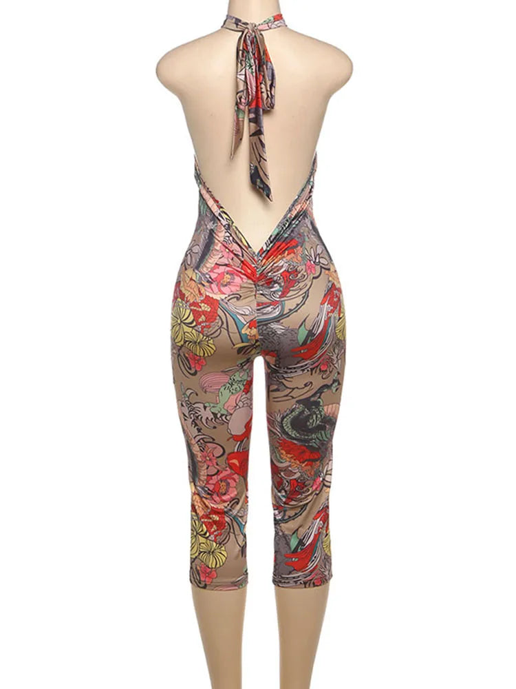 Weird Puss Colorful Print Romper Women Halter Bandage Summer Sexy Hipster Backless Activity Workout Fit Tight Stretch Playsuits