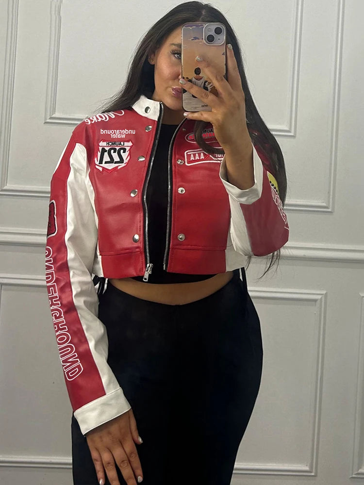Weird Puss Hipster Crop Jacket Women Y2K Letter Print Hipster Uniform Street Patchwork Single-Breasted Hipster Autumn Trend Coat