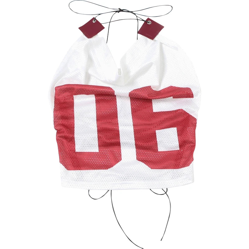 Weird Puss Mesh Halter Crop Tops Woman Summer Bandage Backless Patchwork Number Print Swing Collar Party Streetwear Skinny Vest