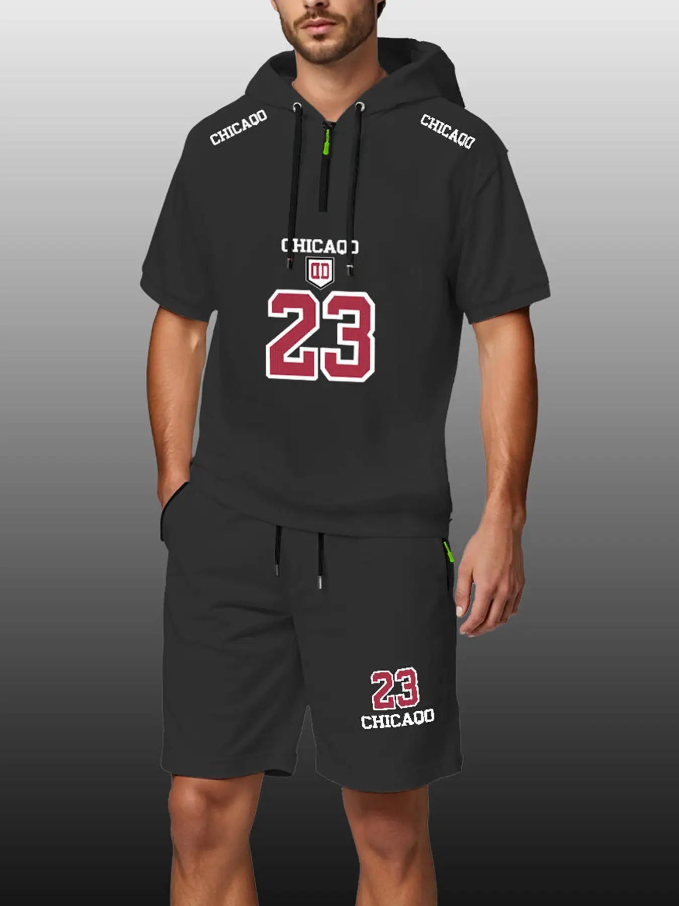 Two-Piece Hooded T-Shirt Zipper + Pocket Shorts