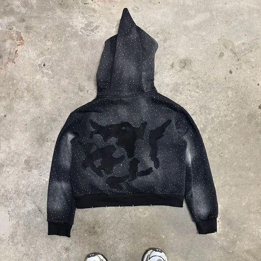 Retro Gothic Full Rhinestone Patch Letter Oversized Hoodie Women's Y2K New Harajuku Hip-Hop Casual Joker Sweatshirt Street Wear
