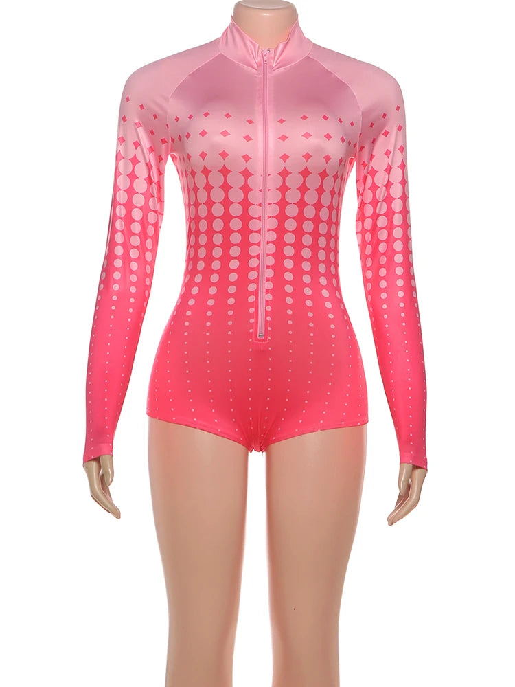 Weird Puss Letter Print Romper Women Sexy Zip Gradient Dot Tight Midnight Hipster Street Activity Stretch Turtleneck Playsuit