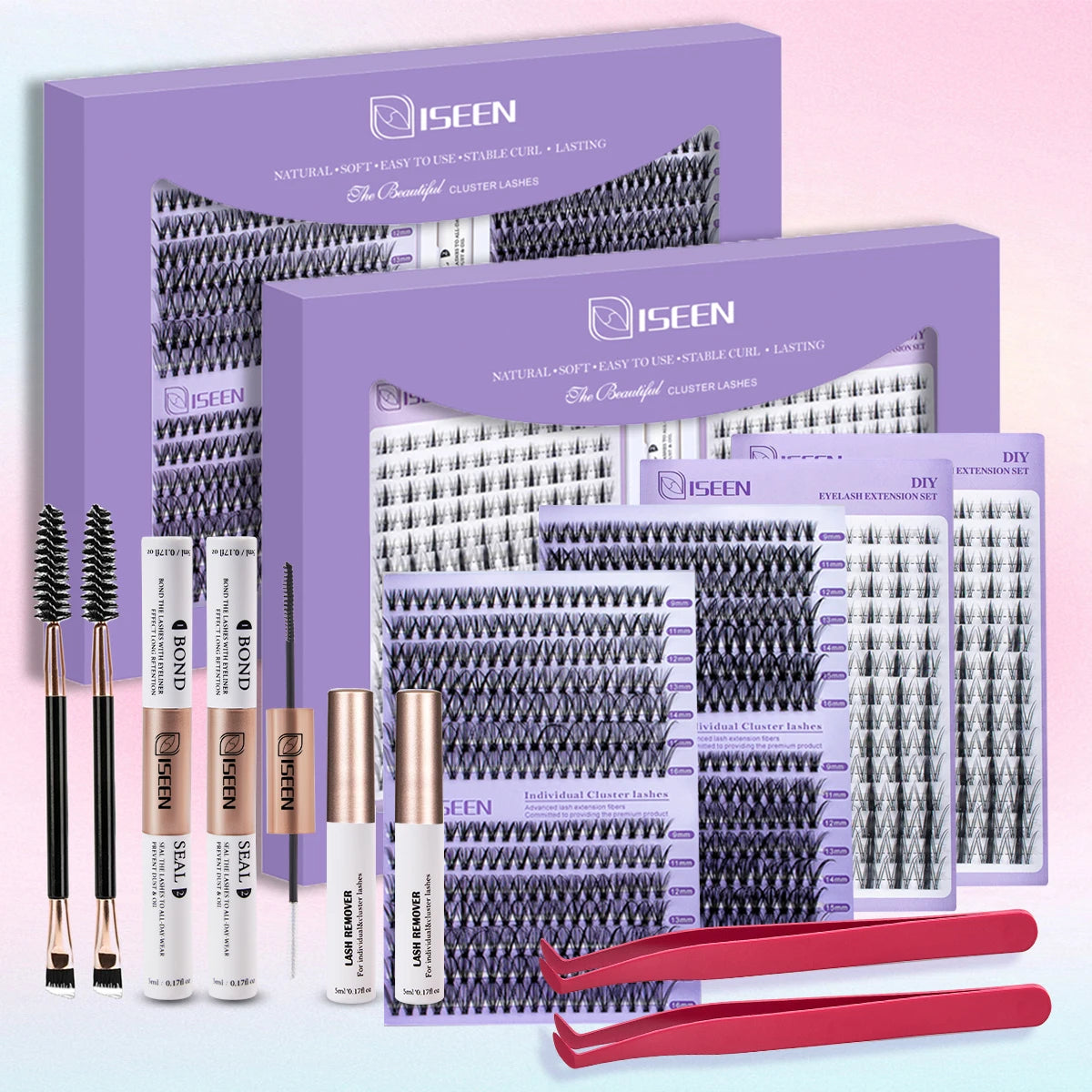 ISEEN DIY Eyelash Extension Kit Cluster Mix Eyelashes Full  Lashes Kit with Lash Bond & Seal and Eyelash Tweezers and Brush
