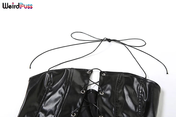Weird Puss Faux Leather Sexy 2 Piece Set Women Hipster Strapless Shirring Hollow Strapless Tops+Shorts Midnight Clubwear Outfits