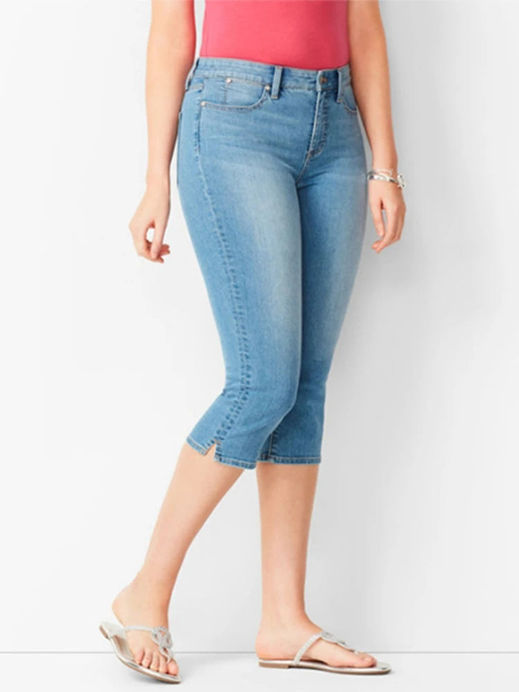 Knee Length Jeans female Elastic High Waist Mom Jeans Oversize