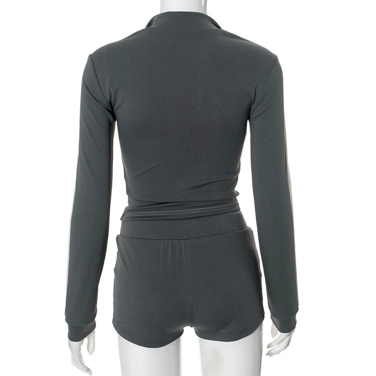 STYLISH LADY Contrast Color Sporty 2 Piece Set Women Long Sleeve Zipper Crop Top and Drawstring Short Suits 2025 Workout Outfits
