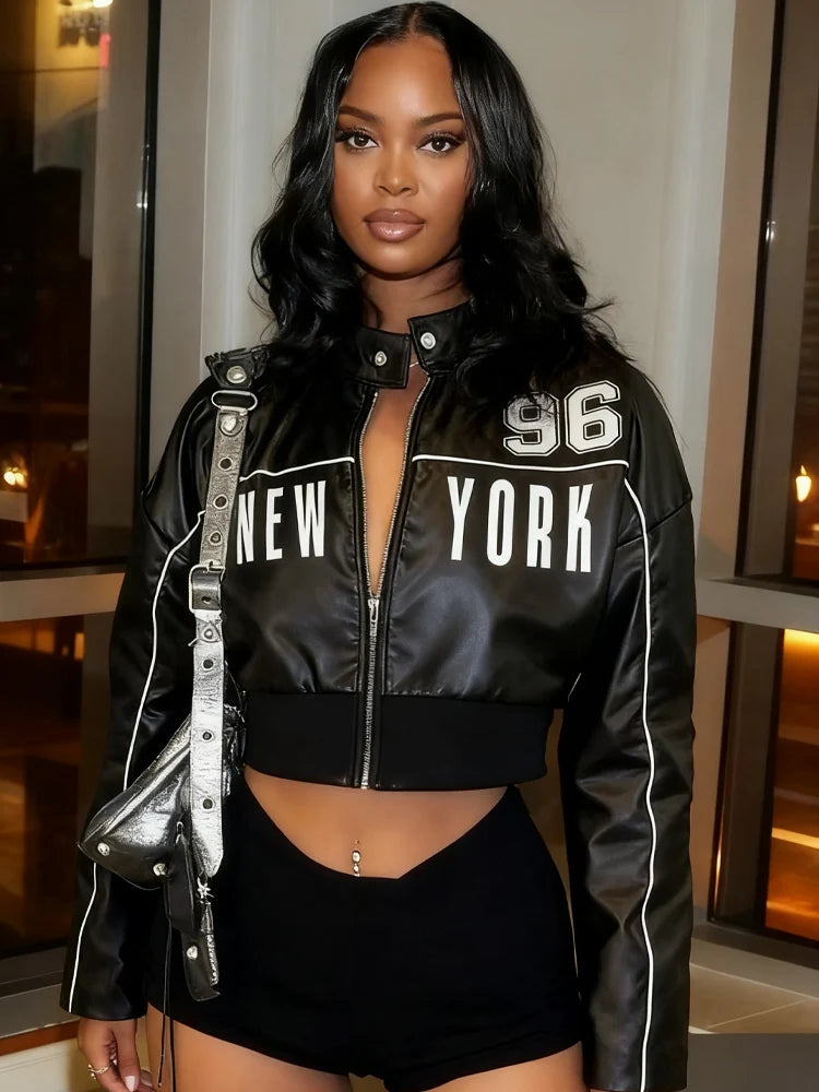 Weird Puss PU Jacket Women Letter Print Patchwork Uniform Hipster Button Zip Trend Sporty Street Varsity Casual Fall Crop Coat