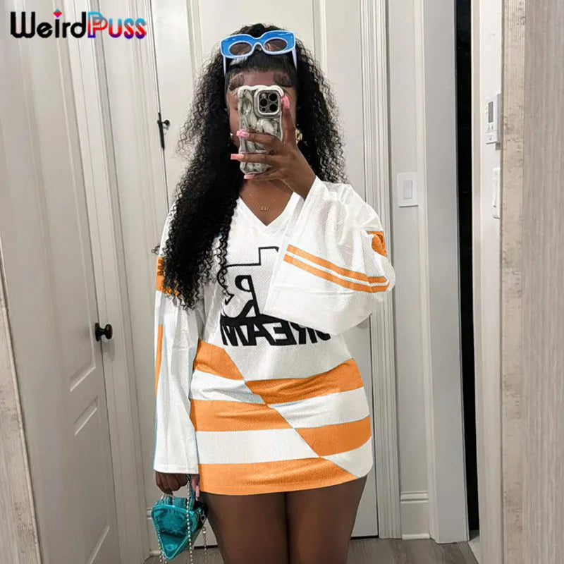 Casual Hipster Women T-Shirt Contrast Letter Print Long Sleeve V-Neck Wild Streetwear Loose Summer Comfortable Tees