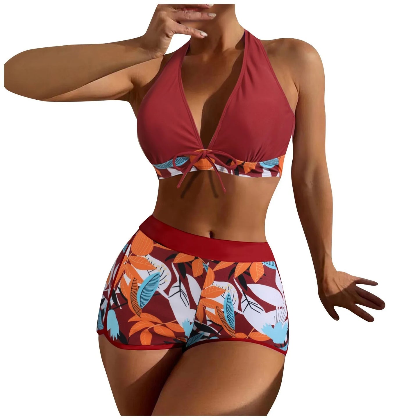Shorts Bikinis Set  High Waist Swimsuit Women Swimwear  Plant Print Bathers Bathing Swim Suit Beachwear