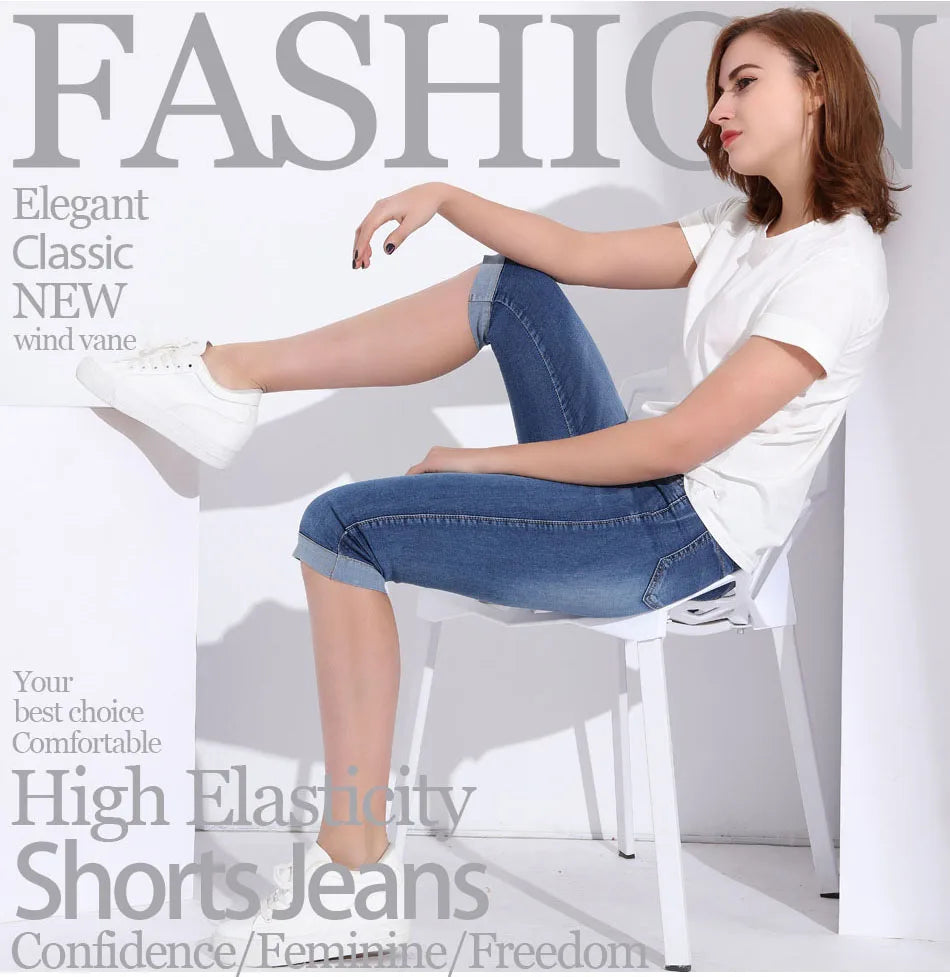 Knee Length Jeans female Elastic High Waist Mom Jeans Oversize